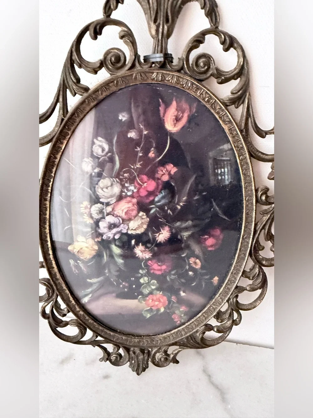 Vintage Floral Still Life Wall prints Ornate Brass-Tone Frames set of 2